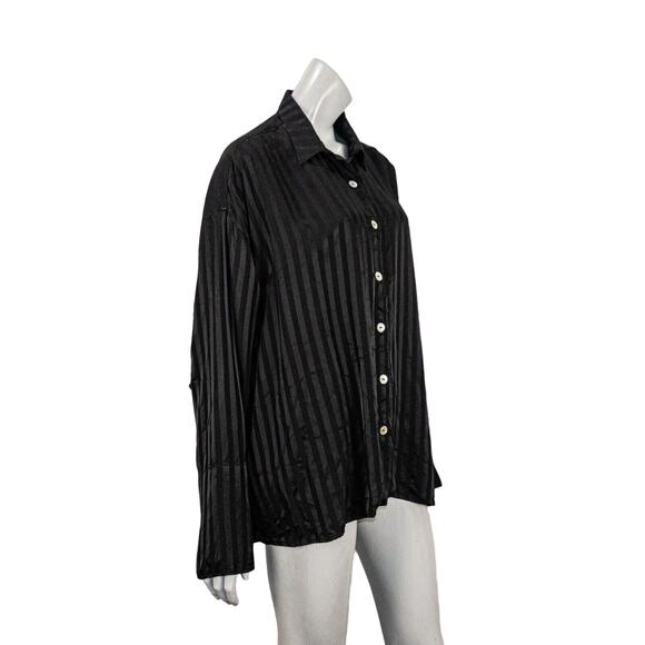 SLEEPER brand Women's Pajama Top button up Black striped satin rayon sz 1 - Picture 4 of 9